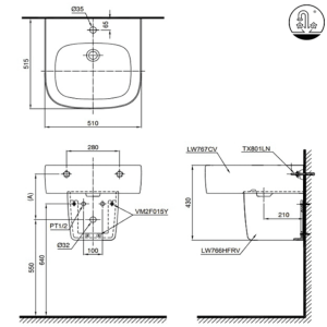 Alternative view of Chậu Rửa Mặt Lavabo TOTO LHT767CR#XW Treo Tường Chân Ngắn