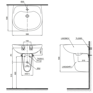 Alternative view of Chậu Rửa Mặt Lavabo TOTO LHT239CR#W Treo Tường Chân Ngắn