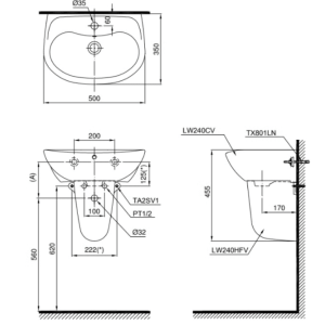 Alternative view of Chậu Rửa Mặt Lavabo TOTO LHT240CS#W Treo Tường Chân Ngắn