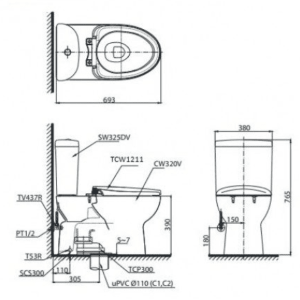 Alternative view of Bồn Cầu TOTO CS325DRE4#W 2 Khối Nắp Rửa Cơ TCW1211A