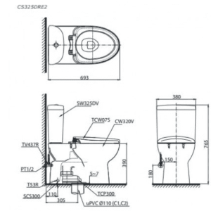Alternative view of Bồn Cầu TOTO CS325DRE2#W 2 Khối Nắp Rửa Cơ TCW07S