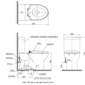 Alternative view of Bồn Cầu TOTO CS320DRE2#W 2 Khối Nắp Rửa Cơ TCW07S