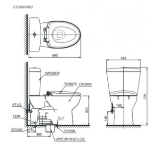 Alternative view of Bồn Cầu TOTO CS300DRE2#W 2 Khối Nắp Rửa Cơ TCW07S