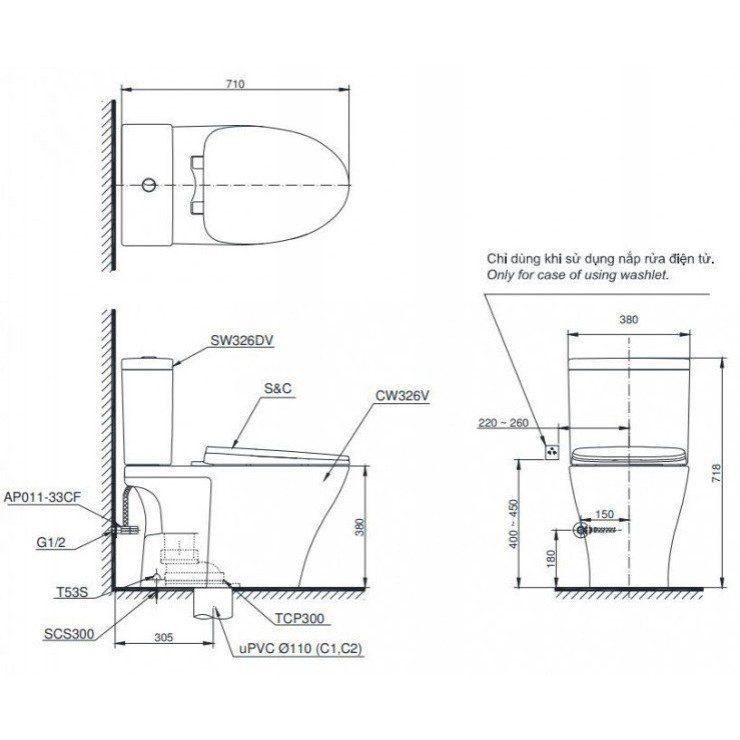 Alternative view of Bồn Cầu TOTO CS326DE2 2 Khối Nắp Cơ TCW07S