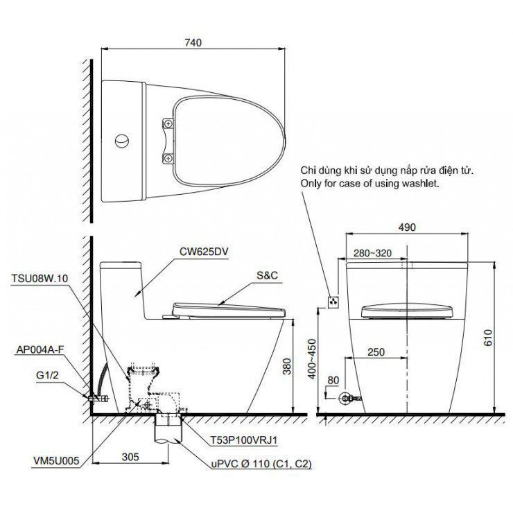 Alternative view of Bồn Cầu TOTO MS625DT2 1 Khối Nắp Êm TC393VS
