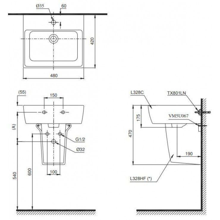 Alternative view of Chậu Rửa Mặt Lavabo TOTO LHT328C#XW Chữ Nhật Treo Tường Chân Ngắn