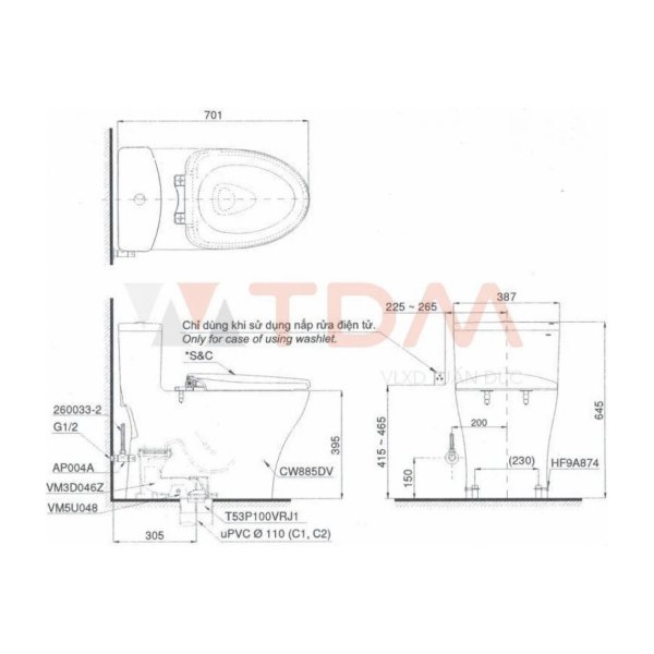Thân Bồn Cầu TOTO C885D#XW Một Khối