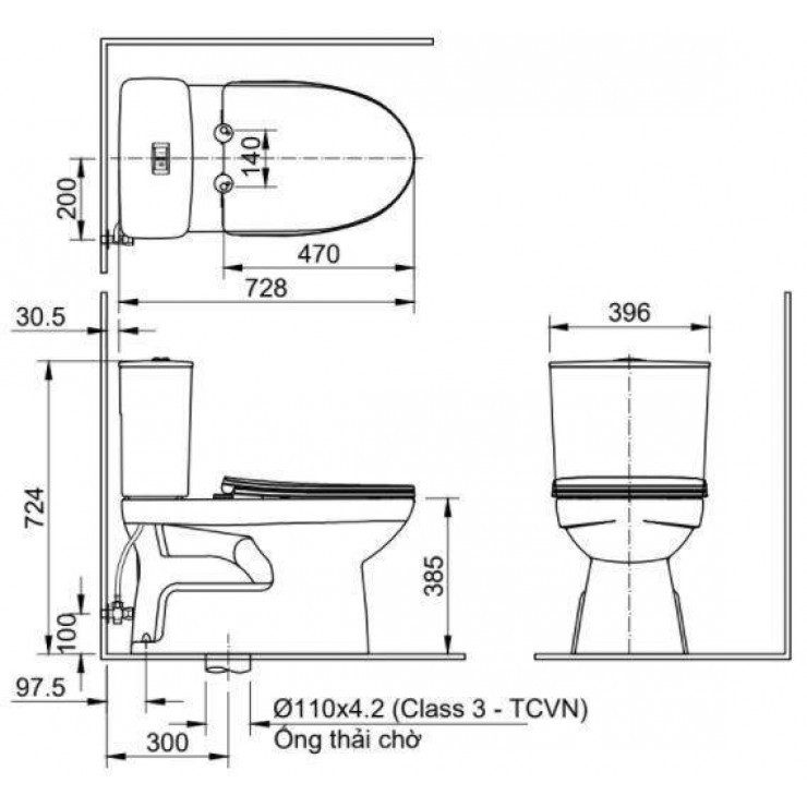 Alternative view of Bồn cầu nắp rửa cơ INAX C-514A+CW-S32VN-1
