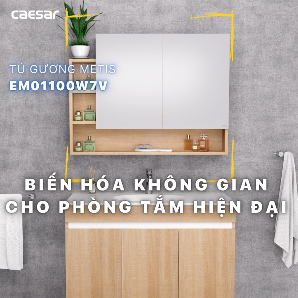 Ảnh công trình thực tế Tủ gương Caesar EM01100W7V màu vân gỗ 100cm
