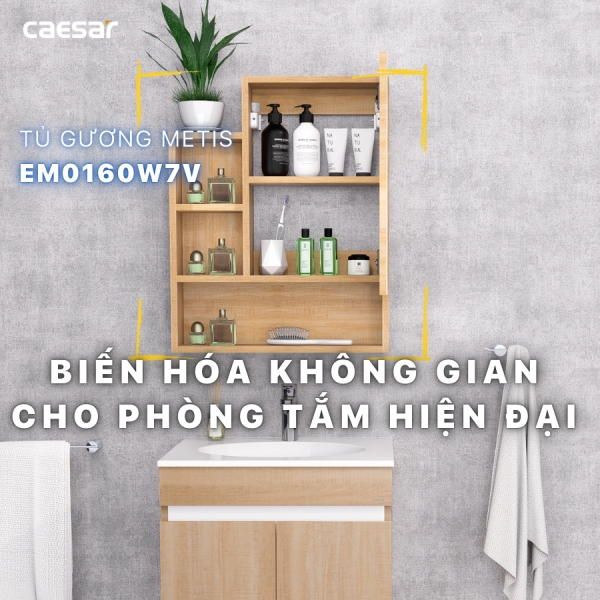 Ảnh công trình thực tế Tủ gương Caesar EM0160W7V màu vân gỗ 60cm
