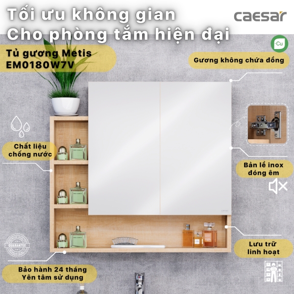 Ảnh công trình thực tế Tủ gương Caesar EM0180W7V màu vân gỗ 80cm