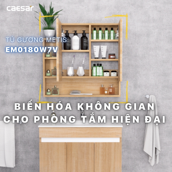 Ảnh công trình thực tế Tủ gương Caesar EM0180W7V màu vân gỗ 80cm