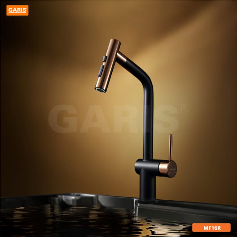 Vòi Rửa Chén GARIS MF16R Dây Rút Nóng Lạnh Đồng PVD Vàng Hồng Đen Nhám