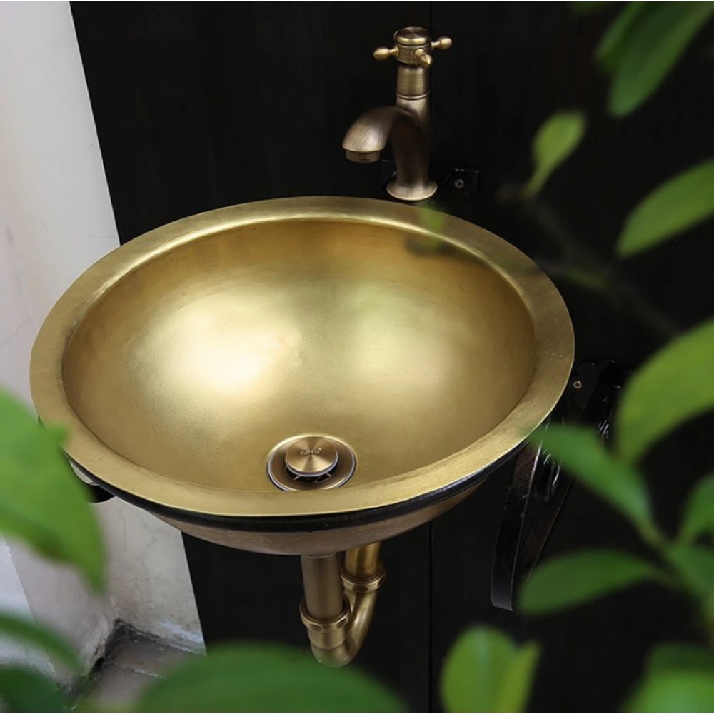 Ảnh công trình thực tế Chậu lavabo Kanly RSC318V đặt bàn đồng thau kiểu cổ tròn 350×120 mm