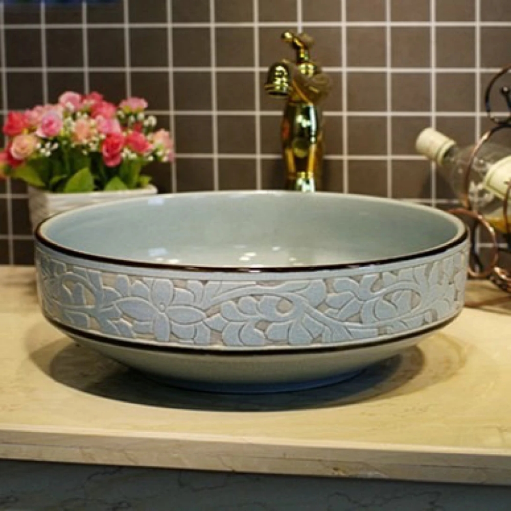 Ảnh công trình thực tế Chậu rửa mặt lavabo màu xanh Kanly SU111 đặt bàn sứ mỹ thuật 400x150mm