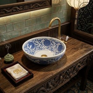 Ảnh công trình thực tế Chậu lavabo sứ hoa văn mỹ thuật SU121