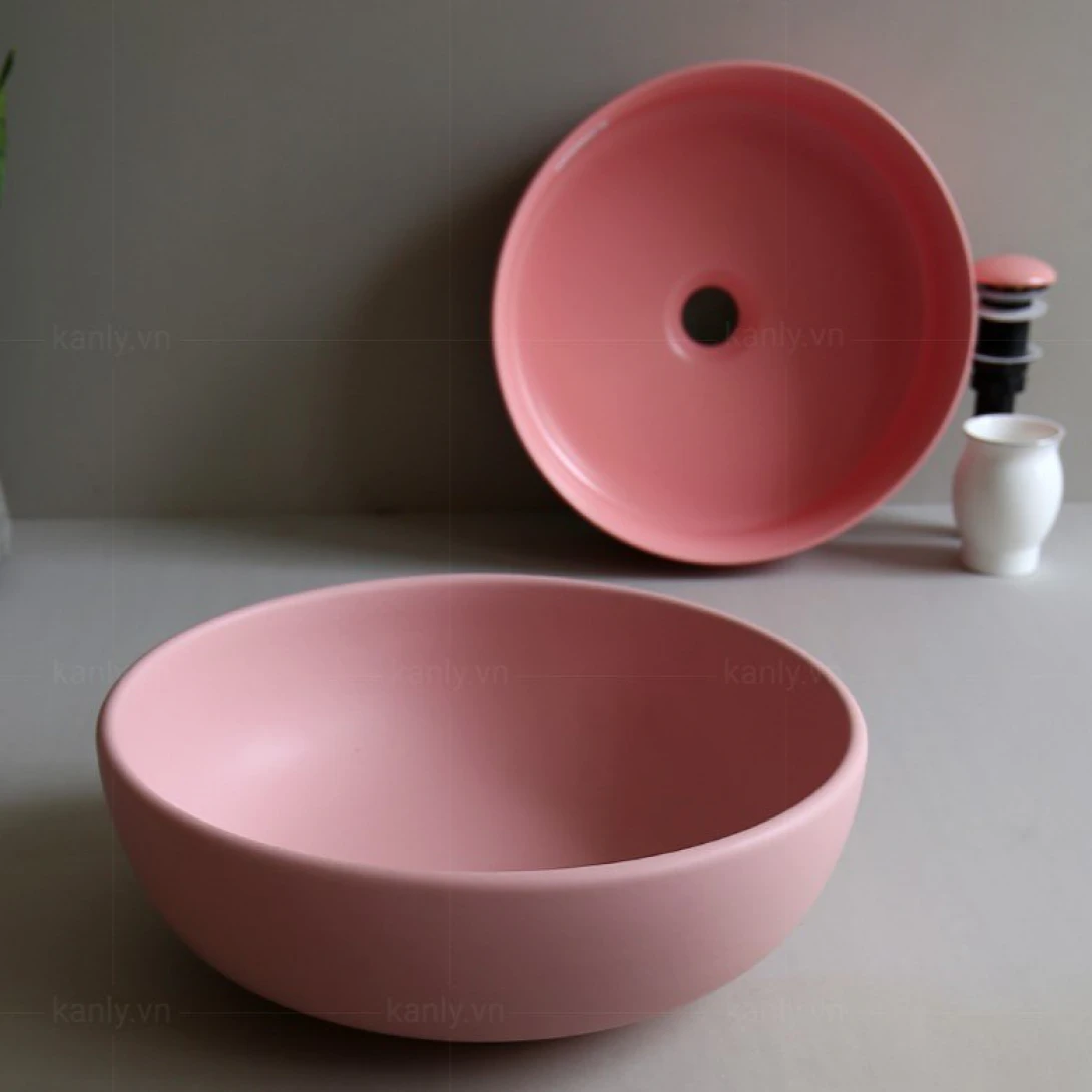 Ảnh công trình thực tế Chậu Lavabo Kanly SU510 Đặt Bàn Sứ Tròn Màu Hồng