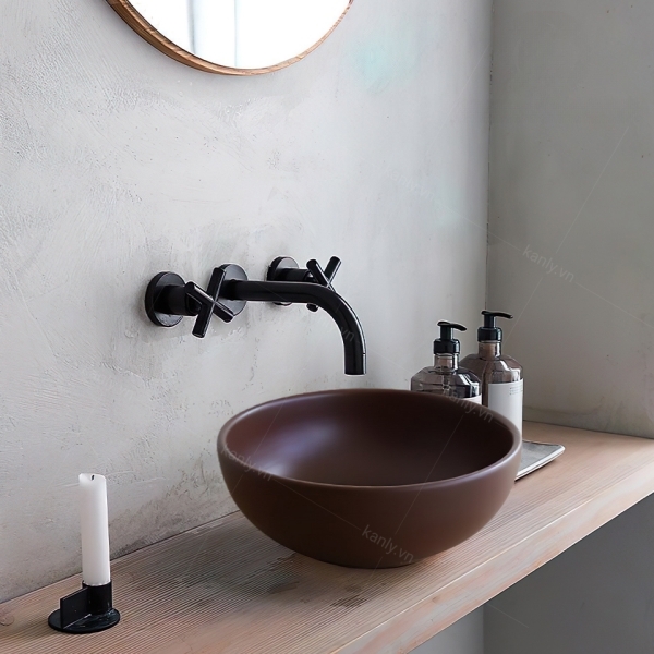 Ảnh công trình thực tế Chậu Lavabo Kanly SU511 Đặt Bàn Sứ Tròn Màu Nâu