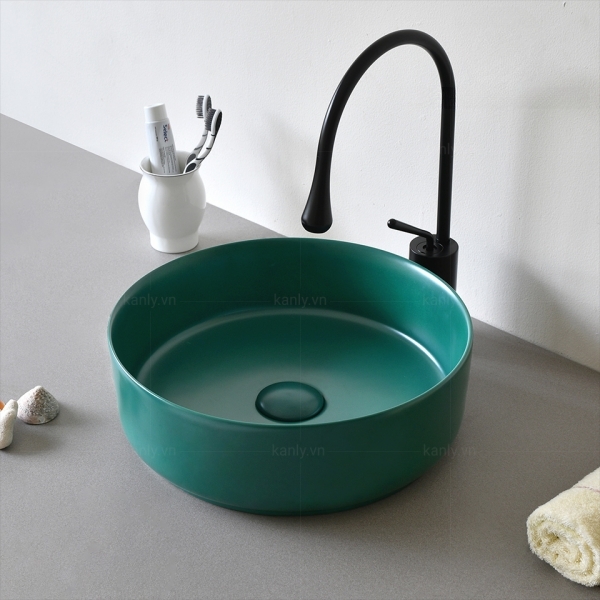 Ảnh công trình thực tế Chậu Lavabo Kanly SU529 Đặt Bàn Sứ Tròn Màu Xanh