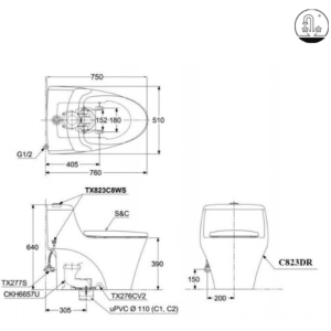 Ảnh công trình thực tế Bồn Cầu TOTO MS823DRE4#XW 1 Khối Nắp Rửa Cơ TCW1211A