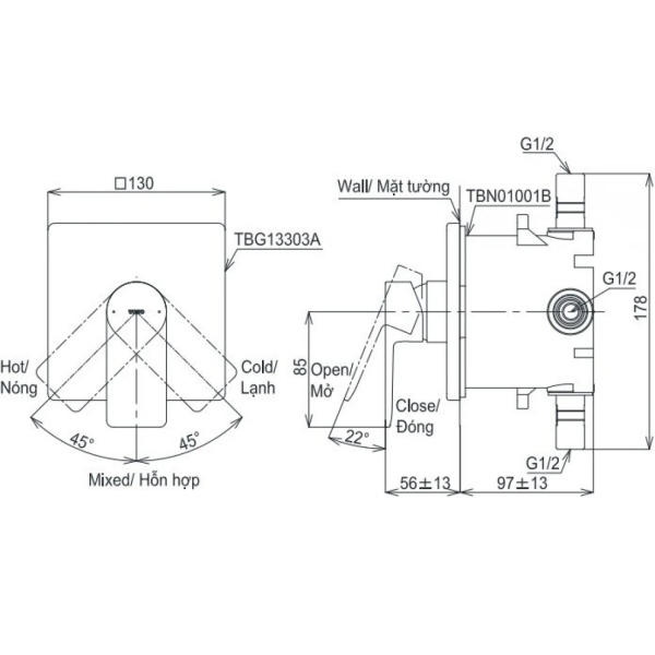 Alternative view of Vòi sen âm tường TOTO TBG13303A/TBN01001B nóng lạnh 1 đường nước