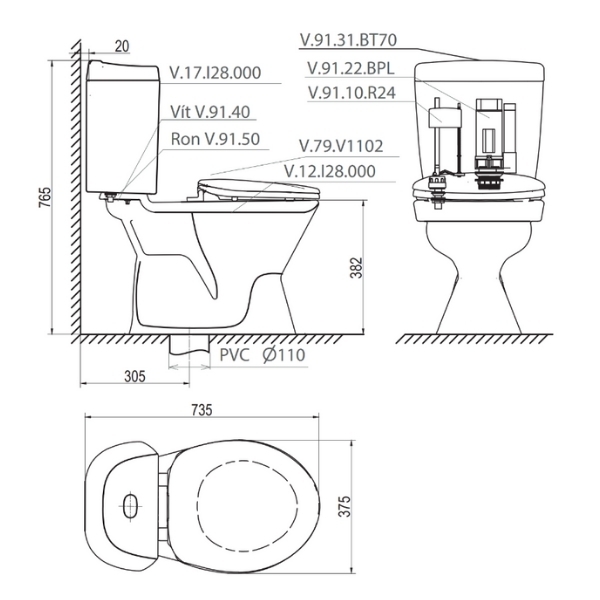 Alternative view of Bàn cầu hai khối VI28 + Chậu VTL2 (hoặc VTL3 hoặc VTL3N)