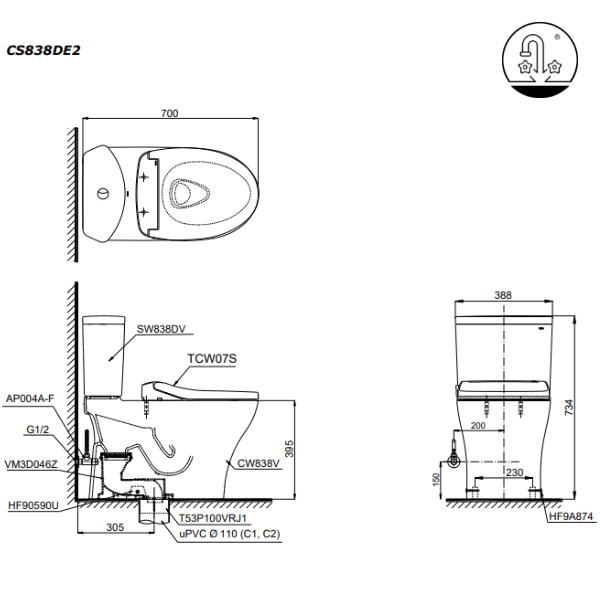Ảnh công trình thực tế Bồn Cầu TOTO CS838DE2#XW 2 Khối Nắp Rửa Cơ TCW07S