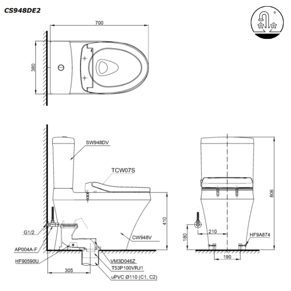 Ảnh công trình thực tế Bồn Cầu TOTO CS948DE2#XW 2 Khối Nắp Rửa Cơ TCW07S