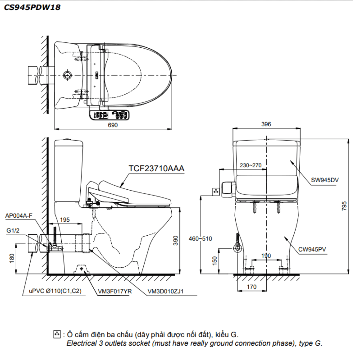 Alternative view of Bồn cầu điện tử TOTO CS945PDW18 2 khối thoát ngang nắp WASHLET Series C2 – TCF23710AAA