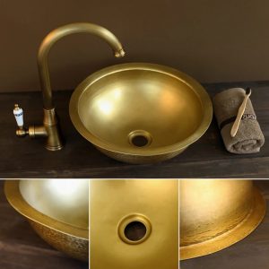 Ảnh công trình thực tế Chậu lavabo Kanly RSC318V đặt bàn đồng thau kiểu cổ tròn 350×120 mm
