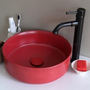 Ảnh công trình thực tế Chậu Lavabo Kanly SU528 Đặt Bàn Sứ Tròn Màu Đỏ