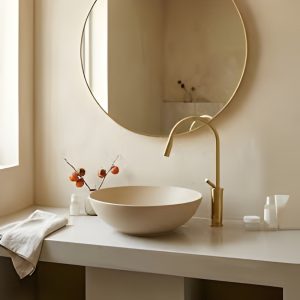 Ảnh công trình thực tế Chậu Lavabo Kanly SU531L Đặt Bàn Sứ Tròn Màu Be 400×140 mm