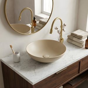 Ảnh công trình thực tế Chậu Lavabo Kanly SU531L Đặt Bàn Sứ Tròn Màu Be 400×140 mm