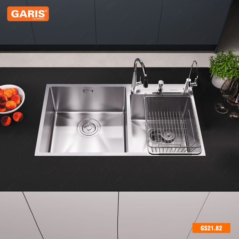 Chậu Rửa Chén GARIS GS21.82 Inox Xước Mờ 2 Hộc Lệch Thoát Tròn