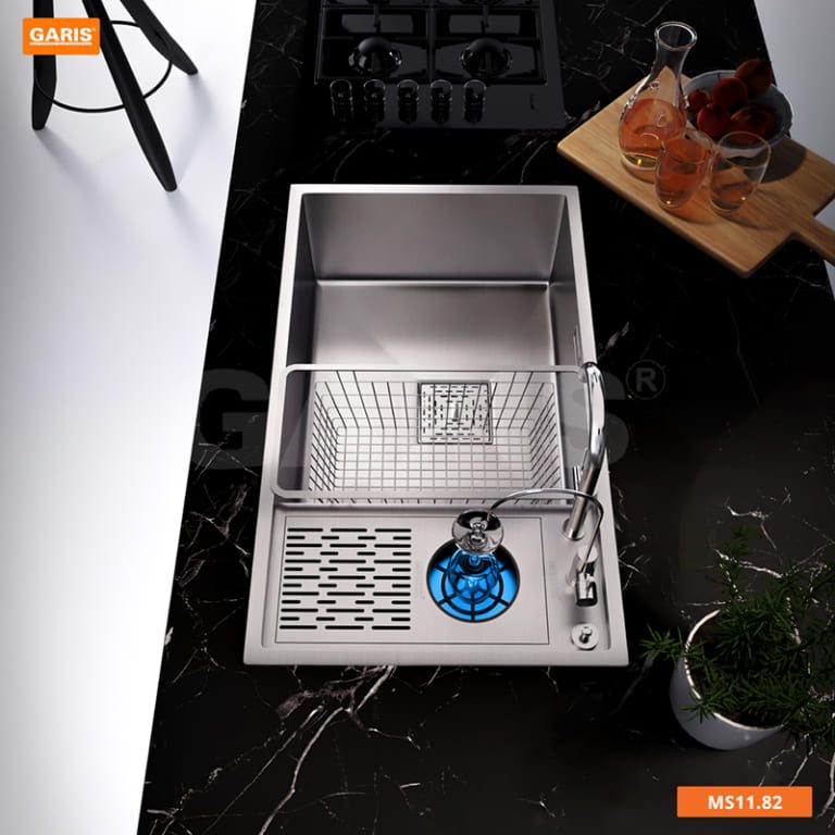 Chậu Rửa Chén GARIS MS11.82 Inox Xước Mờ 1 Hộc Có Máy Rửa Ly