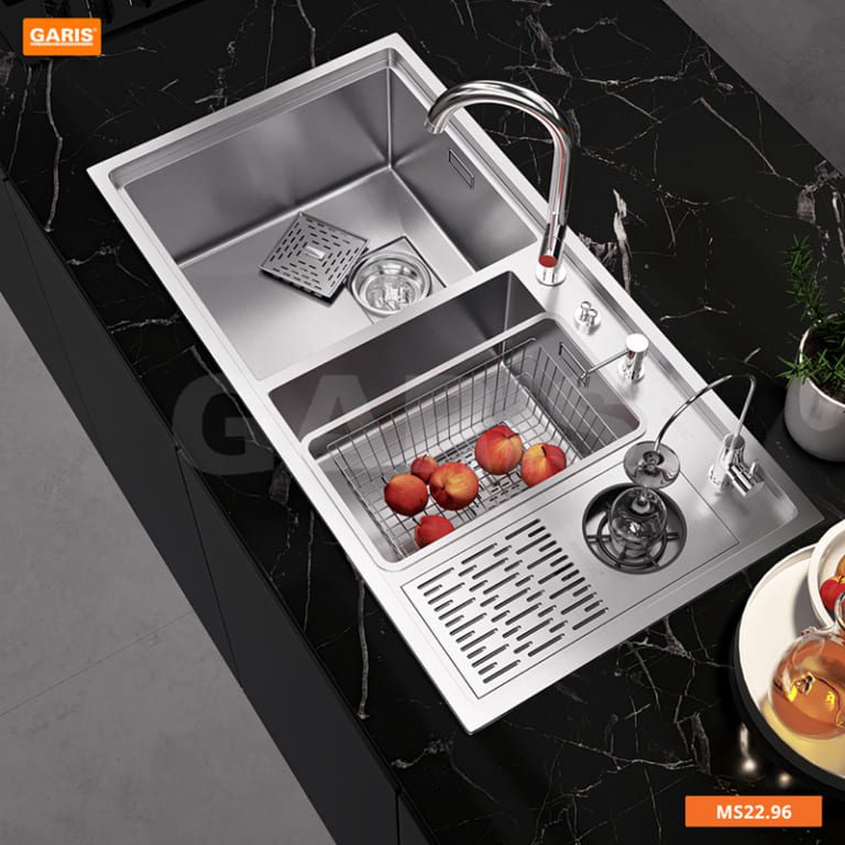 Chậu Rửa Chén GARIS MS22.96 Inox Xước Mờ 2 Hộc Lệch Có Máy Rửa Ly