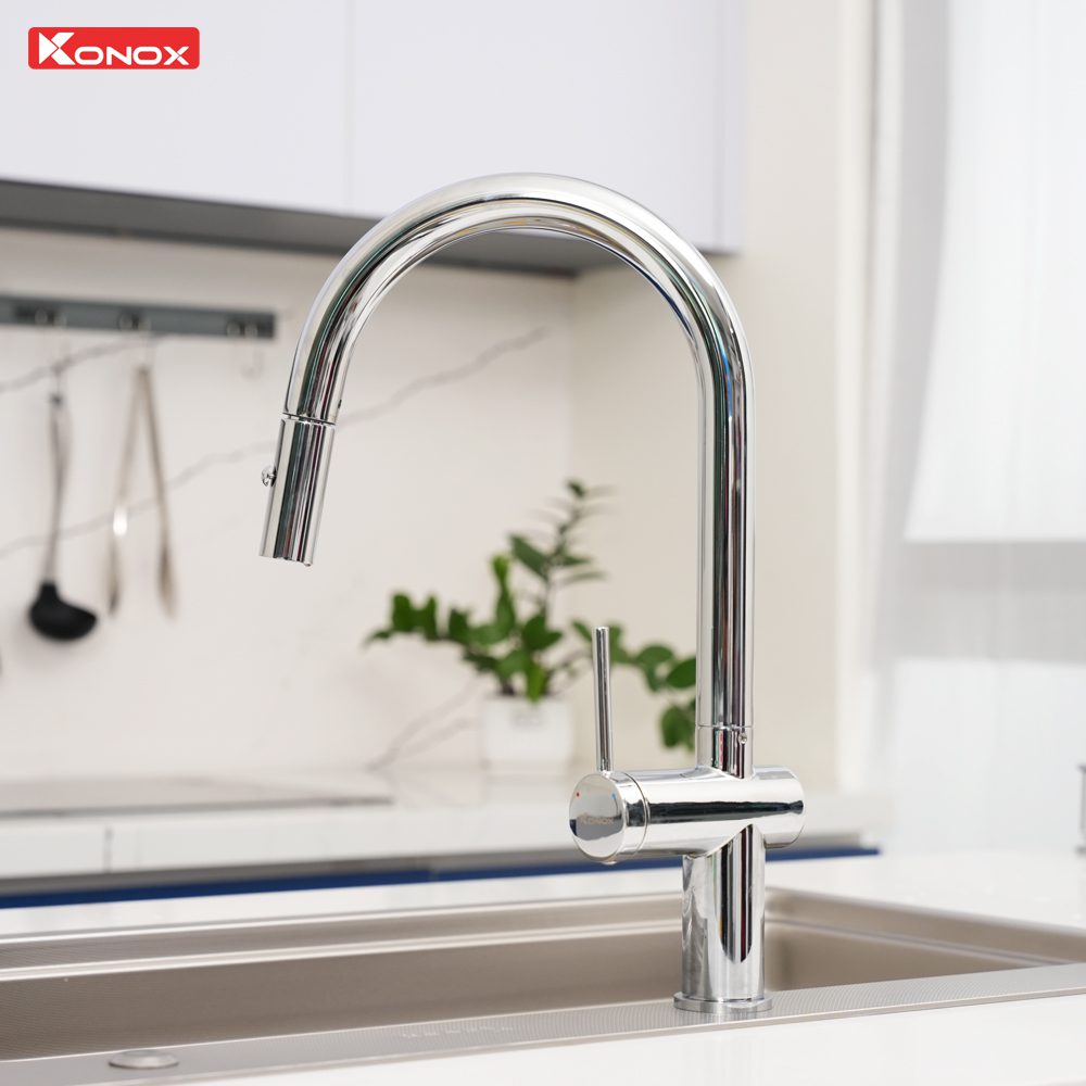 Ảnh công trình thực tế Vòi rửa bát dây rút Konox Comfor Chrome