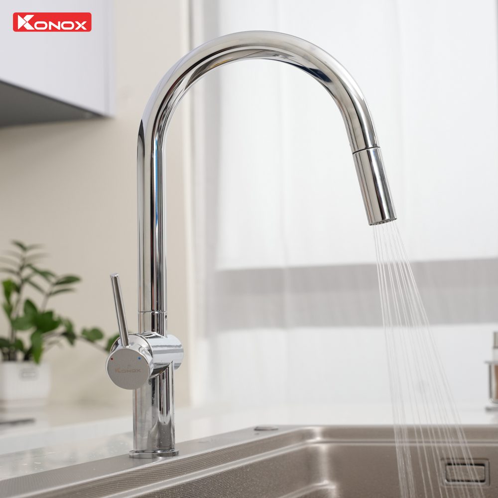 Ảnh công trình thực tế Vòi rửa bát dây rút Konox Comfor Chrome