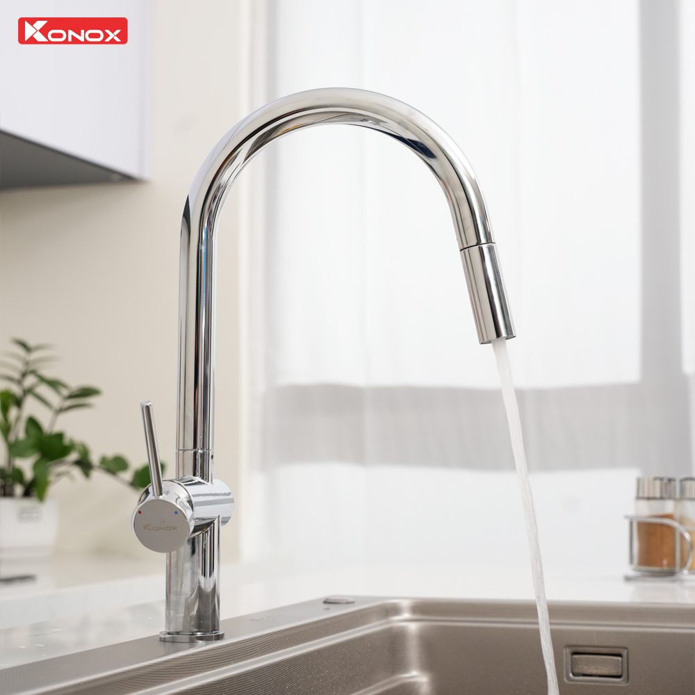 Ảnh công trình thực tế Vòi rửa bát dây rút Konox Comfor Chrome