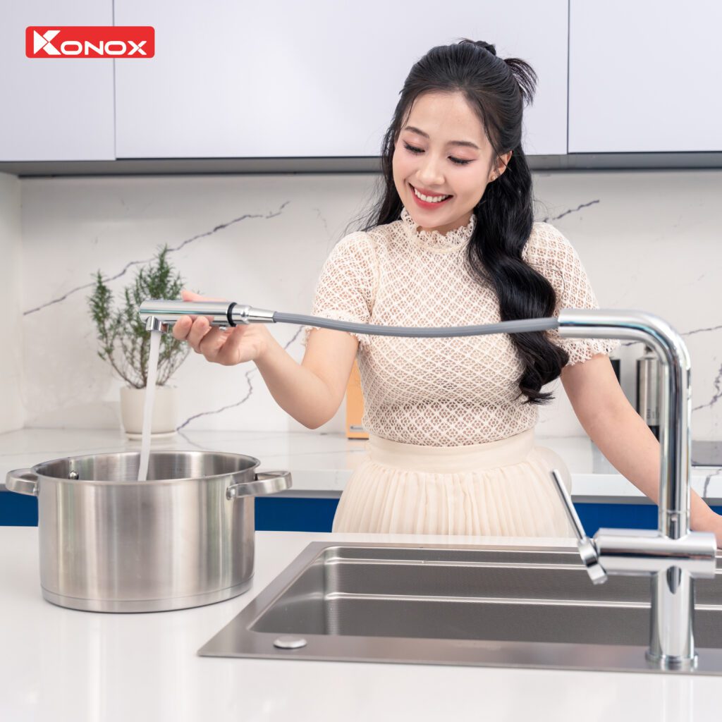 Ảnh công trình thực tế Vòi rửa bát dây rút Konox Stream Chrome