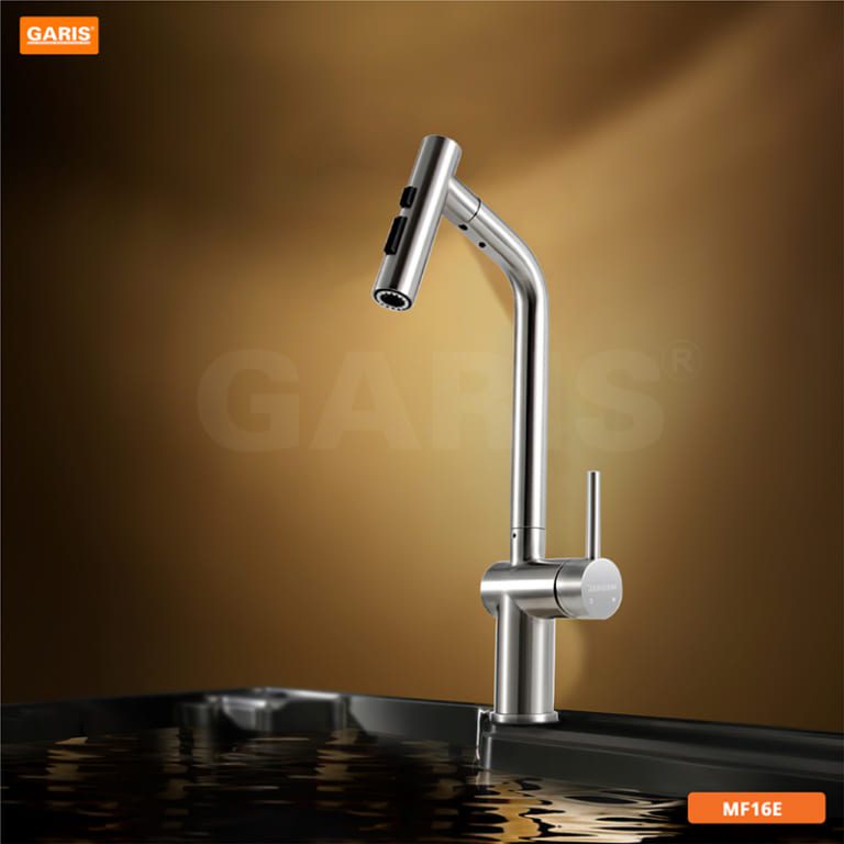 Vòi Rửa Chén GARIS MF16E Dây Rút Nóng Lạnh Inox 304 Bóng Xước Mờ