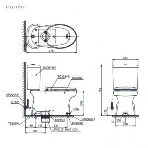 Ảnh công trình thực tế Bồn Cầu Hai Khối TOTO CS351DT2 (C350, S351D) Nắp TC393VS