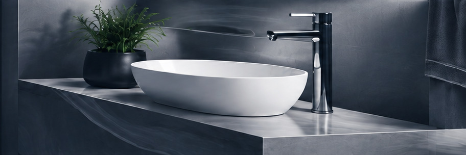 Chậu rửa sứ trắng đặt bàn trên mặt đá xám, vòi chrome cao