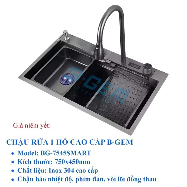 Bộ Chậu Rửa Bát B-Gem BG-7545SMART (Báo Nhiệt Độ, Phím Đàn, Vòi Đồng)