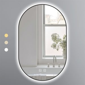 Gương Oval 50x80 Cm Led 3 Màu Khung Nhôm Đen Ecod EGKS5080
