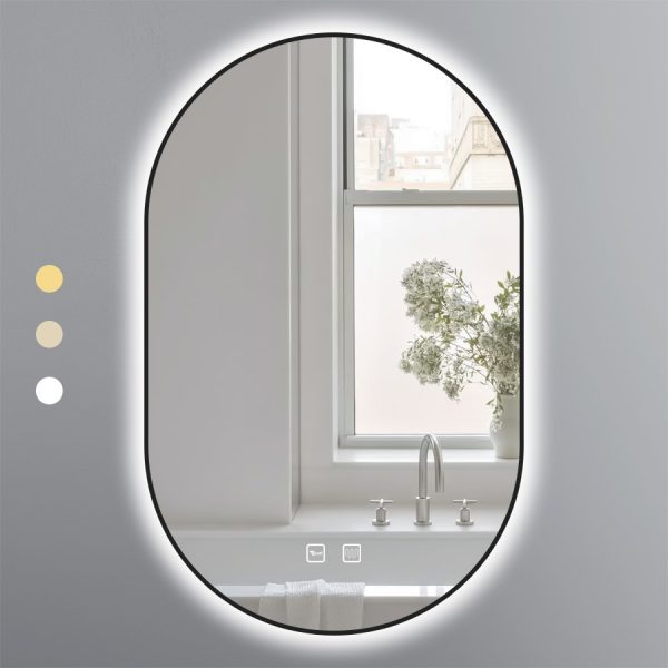 Gương Oval 50x80 Cm Led 3 Màu Khung Nhôm Đen Ecod EGKS5080
