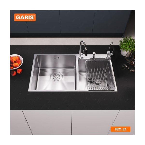 Chậu Rửa Chén GARIS GS21.82 Inox Xước Mờ 2 Hộc Lệch Thoát Tròn