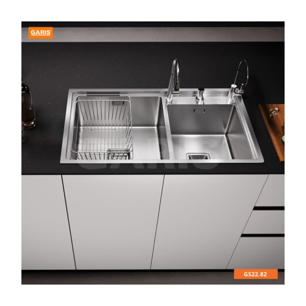 Chậu Rửa Chén GARIS GS22.82 Inox Xước Mờ 2 Hộc Lệch Thoát Vuông