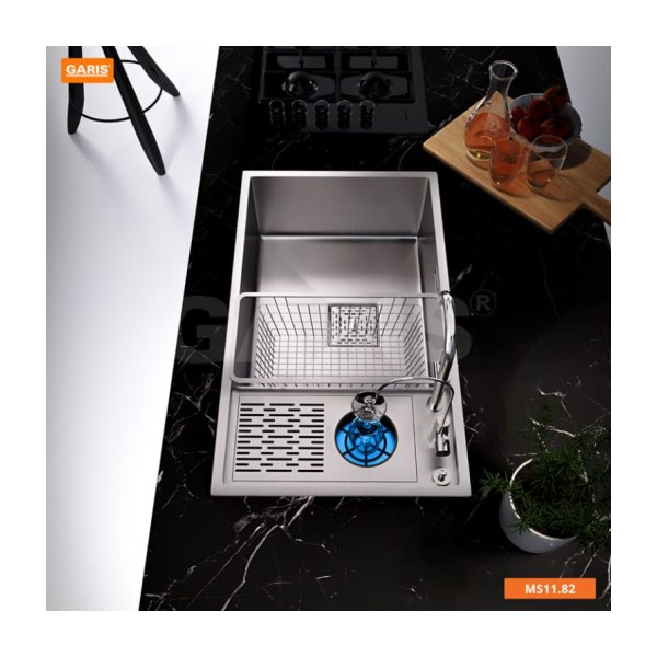 Chậu Rửa Chén GARIS MS11.82 Inox Xước Mờ 1 Hộc Có Máy Rửa Ly