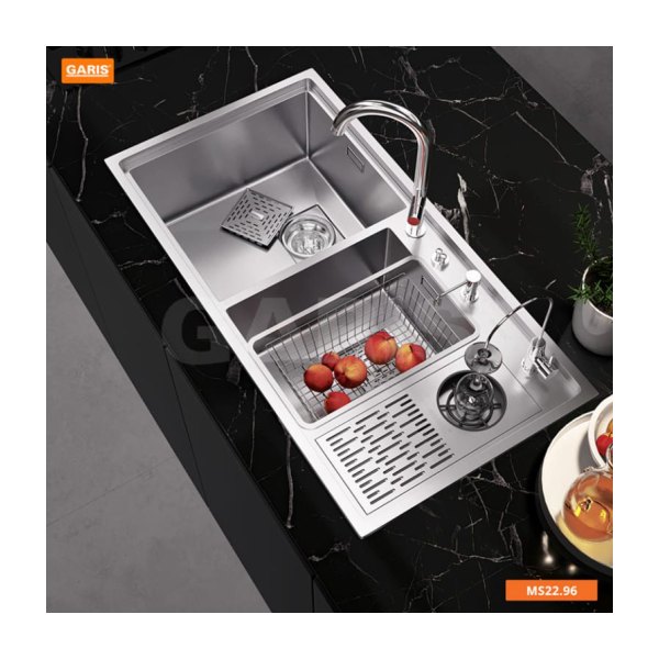 Chậu Rửa Chén GARIS MS22.96 Inox Xước Mờ 2 Hộc Lệch Có Máy Rửa Ly